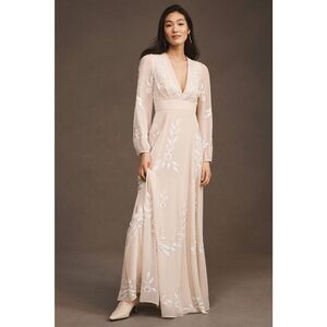 Anthropologie BHLDN Belize Embroidered A-Line Long-Sleeve V-Neck Gown